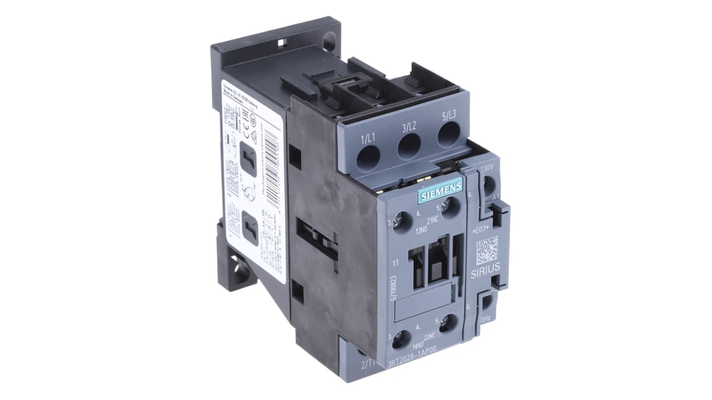 Contattore Siemens 3RT2026-1AP00 3 poli 25A 11kW 230V c.a. per carichi ad alta potenza e automazione industriale.
