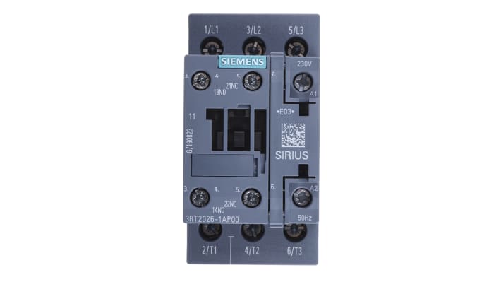 Contattore Siemens 3RT2026-1AP00 3 poli 25A 11kW 230V c.a. per carichi ad alta potenza e automazione industriale.