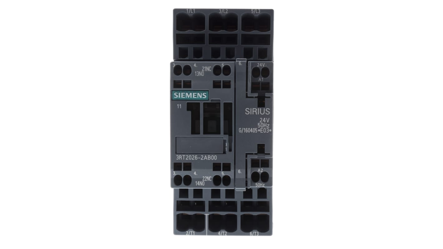 Contattore Siemens 3RT2026-2AB00, 3 poli, 25 A, bobina 24 V c.a., dimensioni 102x45x97 mm, temperatura operativa -25°C/+60°C.