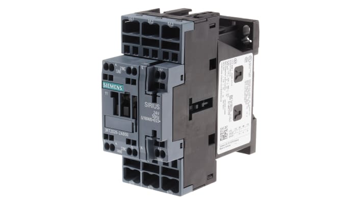 Contattore Siemens 3RT2026-2AB00, 3 poli, 25 A, bobina 24 V c.a., dimensioni 102x45x97 mm, temperatura operativa -25°C/+60°C.