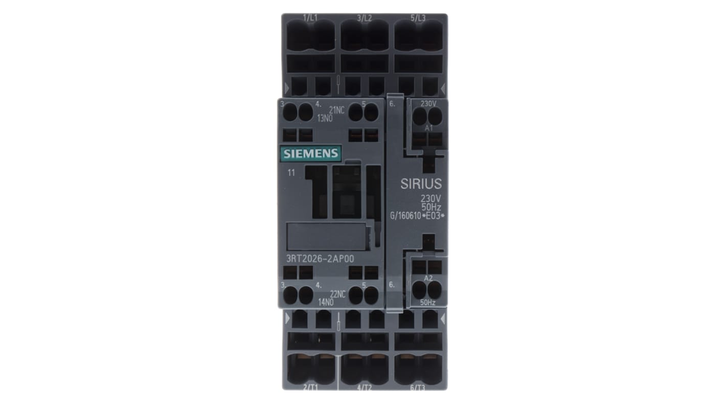 Contattore Siemens 3RT2026-2AP00, 3 poli, 25 A, bobina 230 V, dimensioni 45x102x97 mm, temperatura operativa -25°C/+60°C.