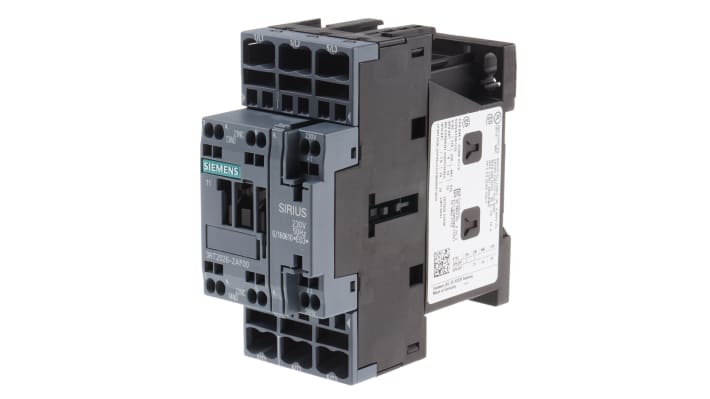 Contattore Siemens 3RT2026-2AP00, 3 poli, 25 A, bobina 230 V, dimensioni 45x102x97 mm, temperatura operativa -25°C/+60°C.