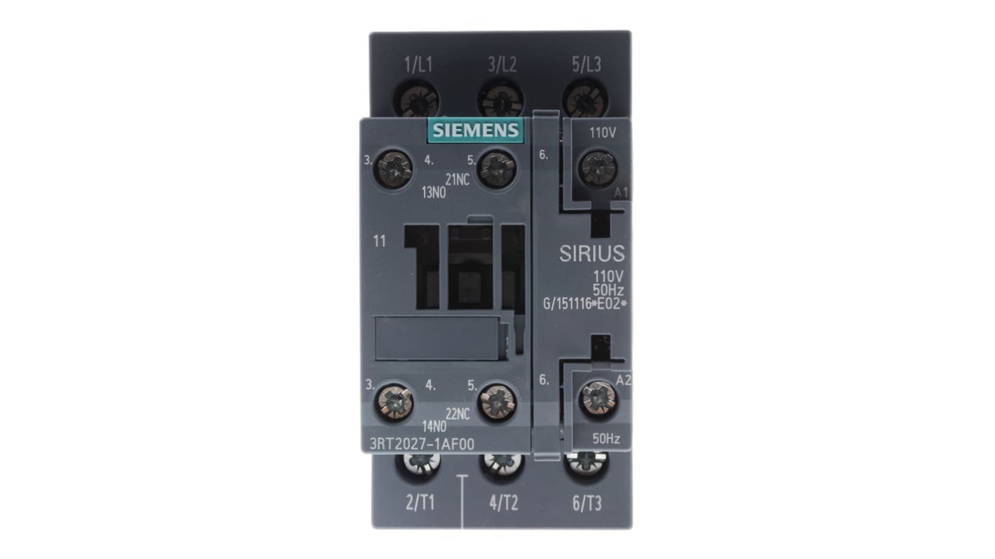 Contattore di potenza Siemens 3RT2027-1AF00, 3 poli, 32 A, 15 kW, bobina 110 V c.a. per applicazioni industriali.