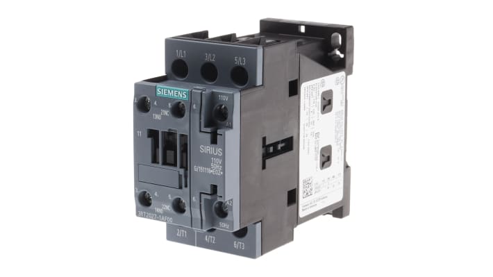Contattore di potenza Siemens 3RT2027-1AF00, 3 poli, 32 A, 15 kW, bobina 110 V c.a. per applicazioni industriali.