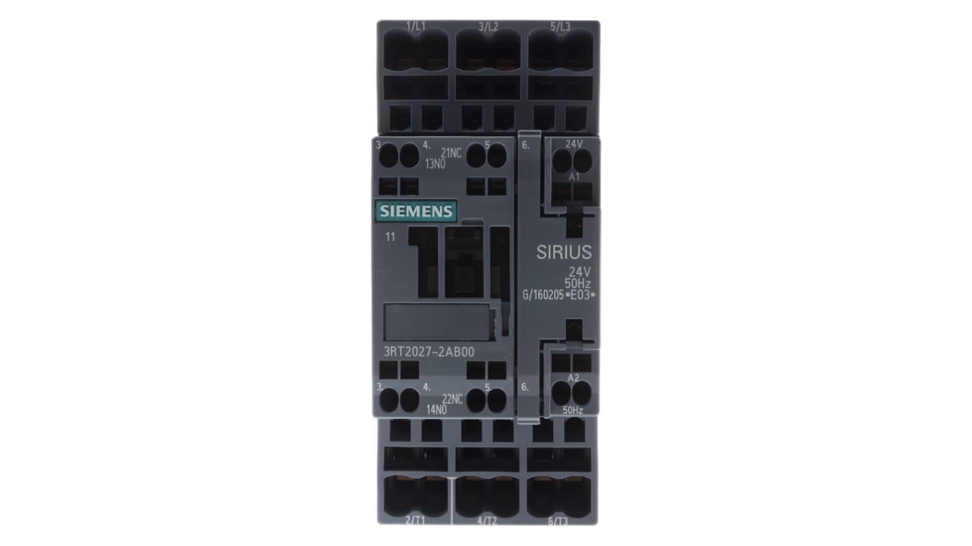 Contattore Siemens 3RT2027-2AB00, 3 poli, 32 A, bobina 24 V c.a., dimensioni 102x45x97 mm, montaggio a morsetto.