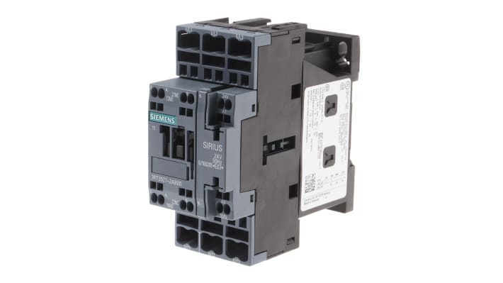 Contattore Siemens 3RT2027-2AB00, 3 poli, 32 A, bobina 24 V c.a., dimensioni 102x45x97 mm, montaggio a morsetto.