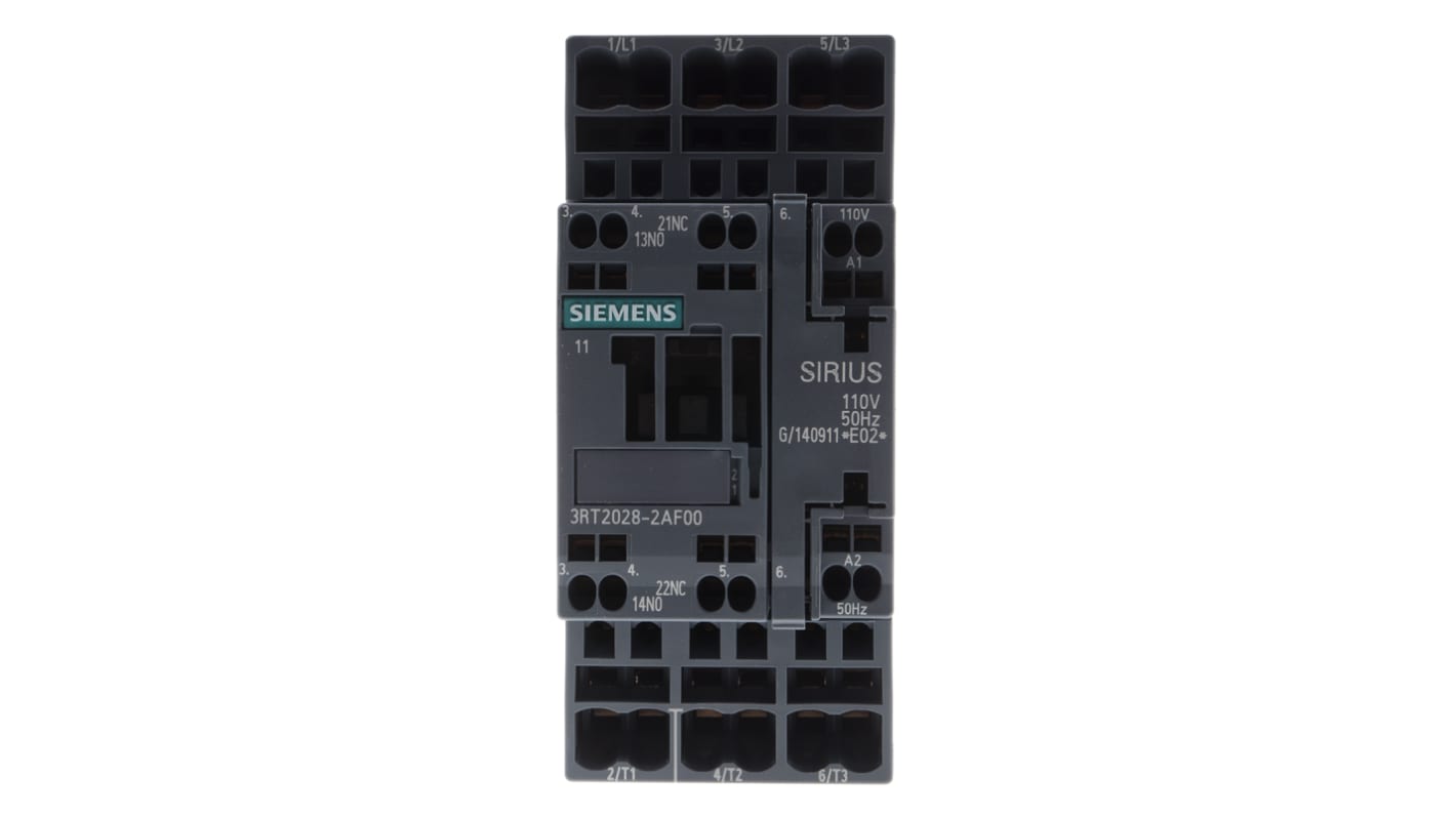 Contattore Siemens 3RT2028-2AF00, 3 poli, 38 A, bobina 110 V c.a., dimensioni 102x45x97 mm, temperatura operativa -25°C/+60°C.