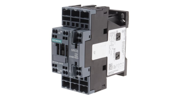 Contattore Siemens 3RT2028-2AF00, 3 poli, 38 A, bobina 110 V c.a., dimensioni 102x45x97 mm, temperatura operativa -25°C/+60°C.