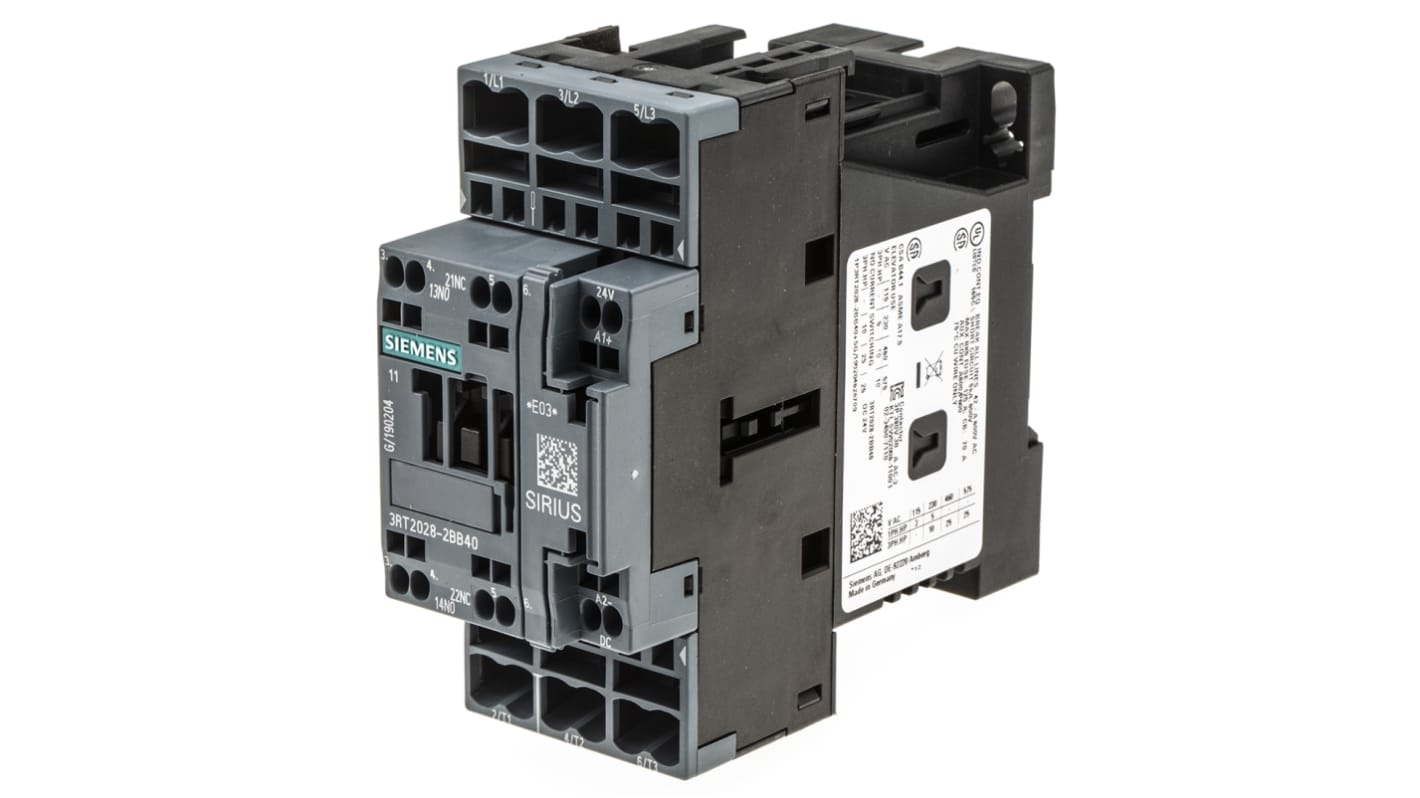 Contattore industriale elettronico Siemens 3RT2028-2BB40, 3 poli 3NO 38A 18,5kW 24V DC. Resistente agli agenti atmosferici, ideale per applicazioni globali.