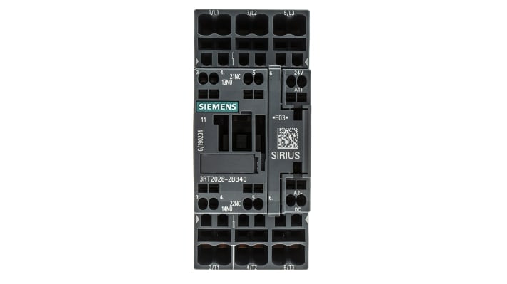 Contattore industriale elettronico Siemens 3RT2028-2BB40, 3 poli 3NO 38A 18,5kW 24V DC. Resistente agli agenti atmosferici, ideale per applicazioni globali.