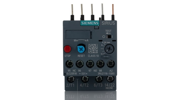 Relè di sovraccarico Siemens 3RU2116-1GB0, tipo termico, 690 V, 4,5-6,3 A, montaggio diretto, dimensioni 45x87x73 mm.