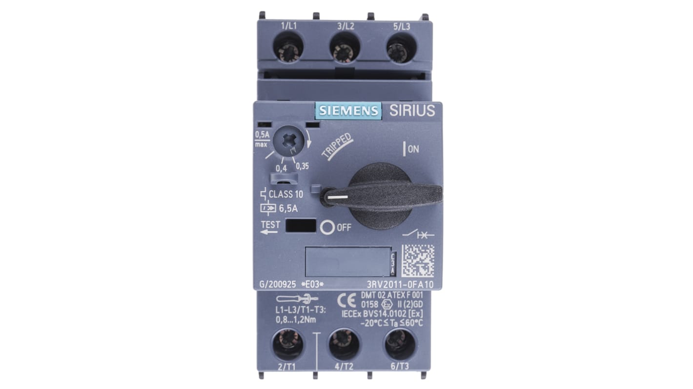 Interruttore automatico del motore Siemens 3RV2011-0FA10, 0,5 A SIRIUS - Classe 10, tensione isolamento 690 V, approvato CE/UL/CSA.