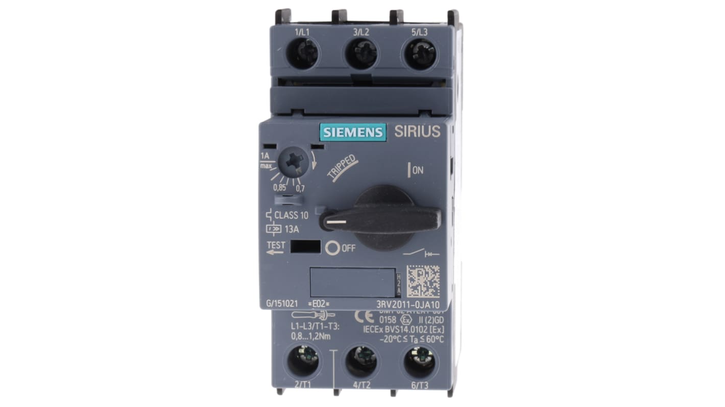 Interruttore automatico motore Siemens 3RV2011-0JA10, 1A - Serie Sirius Innovation. Protezione da cortocircuiti e sovraccarichi, resistenza a sovratensioni 6kV. Adatto per motori industriali.