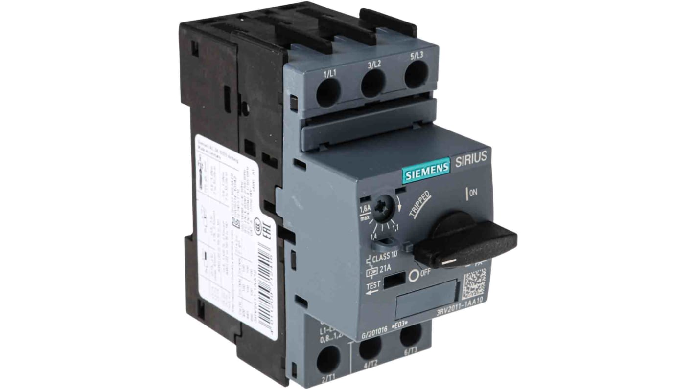 Interruttore automatico motore Siemens 3RV2011-1AA10 - Protezione 1,6A, tensione 690V - Serie Sirius Innovation - Installazione su guida DIN.