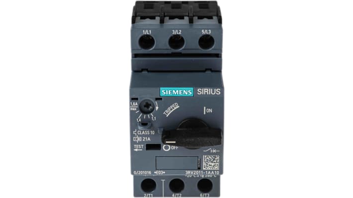 Interruttore automatico motore Siemens 3RV2011-1AA10 - Protezione 1,6A, tensione 690V - Serie Sirius Innovation - Installazione su guida DIN.