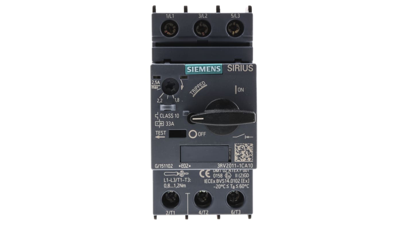 Interruttore automatico di protezione motore Siemens 3RV2011-1CA10 - Serie SIRIUS Innovation. Protezione 3 poli, montaggio su guida DIN. Resistenza alle sovratensioni 6 kV. Adatto per pompe di calore e unità di movimentazione dell'aria.