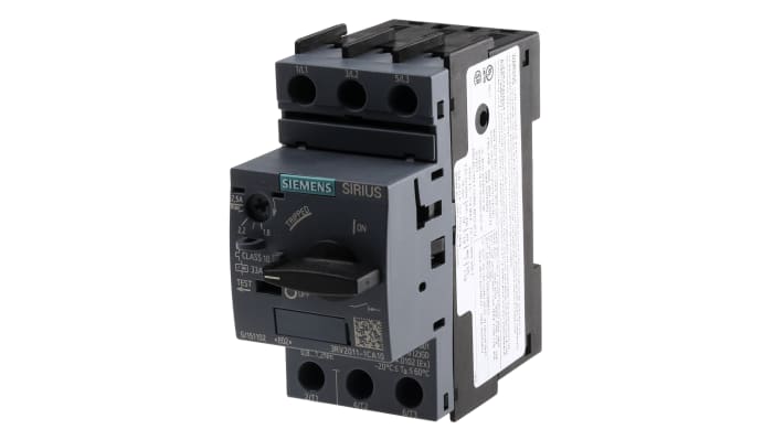 Interruttore automatico di protezione motore Siemens 3RV2011-1CA10 - Serie SIRIUS Innovation. Protezione 3 poli, montaggio su guida DIN. Resistenza alle sovratensioni 6 kV. Adatto per pompe di calore e unità di movimentazione dell'aria.