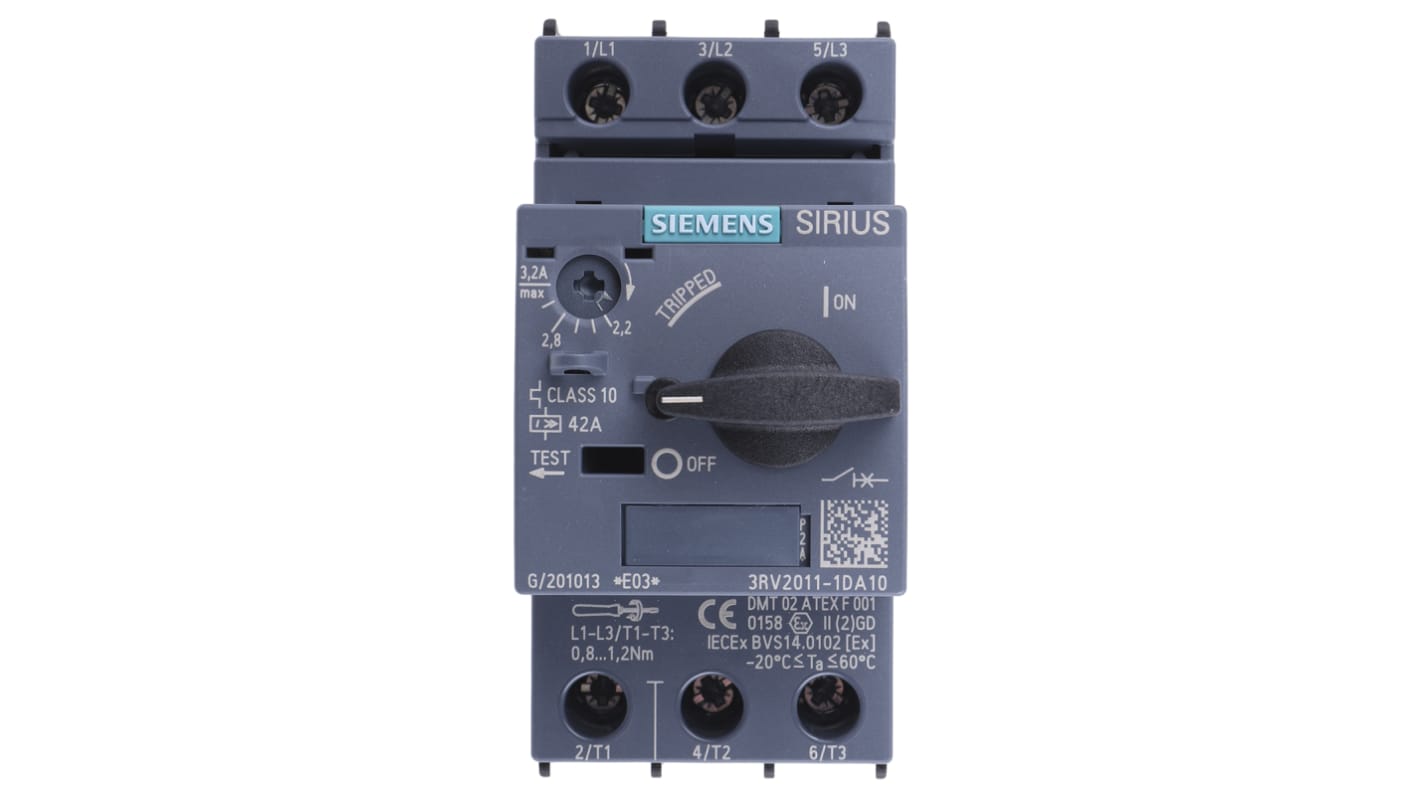 Interruttore automatico Siemens 3RV2011-1DA10, 3 poli, 3,2A - Serie Sirius Innovation 3RV2. Protezione per motori elettrici industriali. Adatto per montaggio su guida DIN.