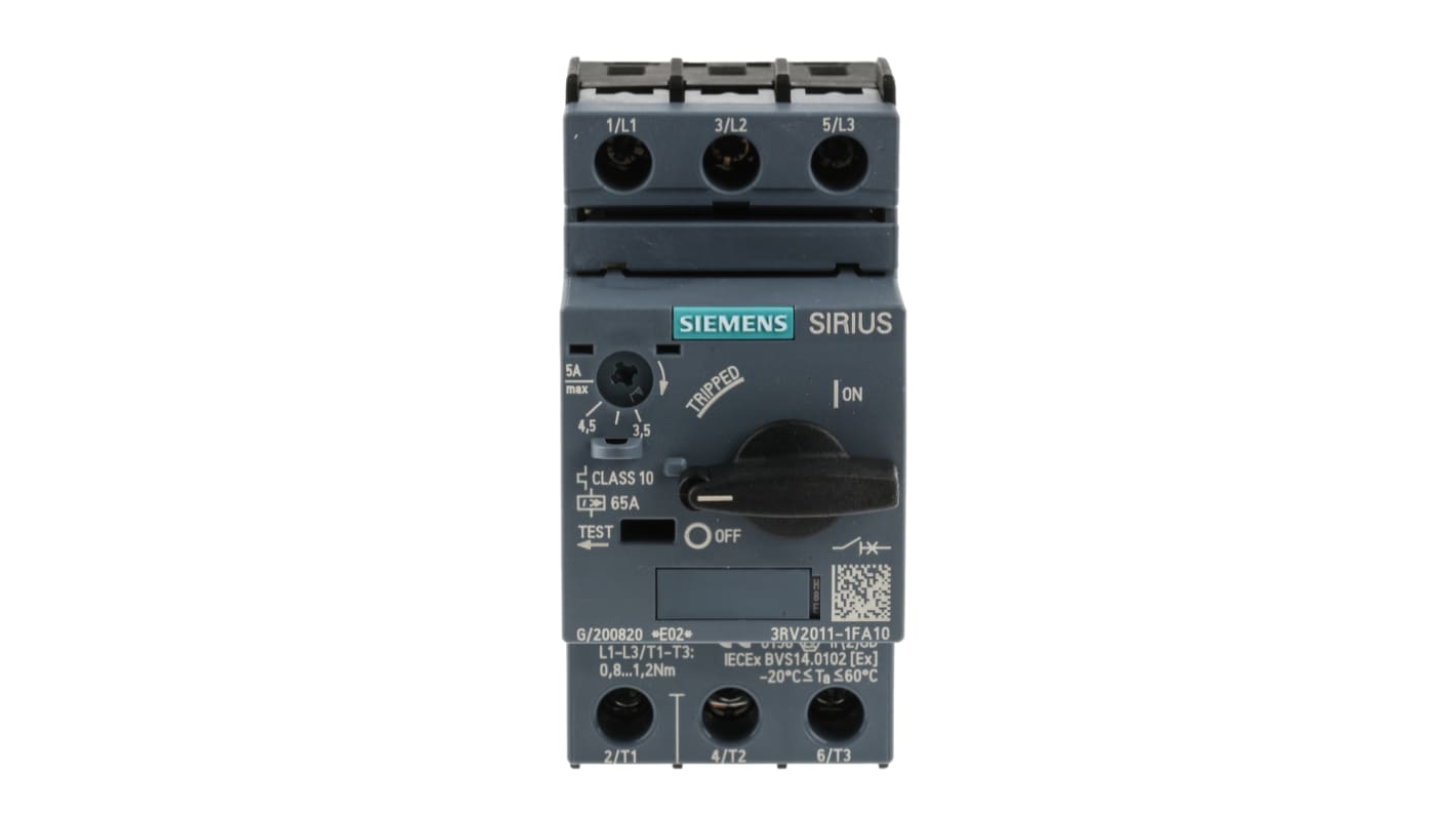Interruttore automatico protezione motore Siemens 3RV2011-1FA10, 5A - Serie Sirius Innovation. Resistente, compatto e ideale per ambienti industriali.