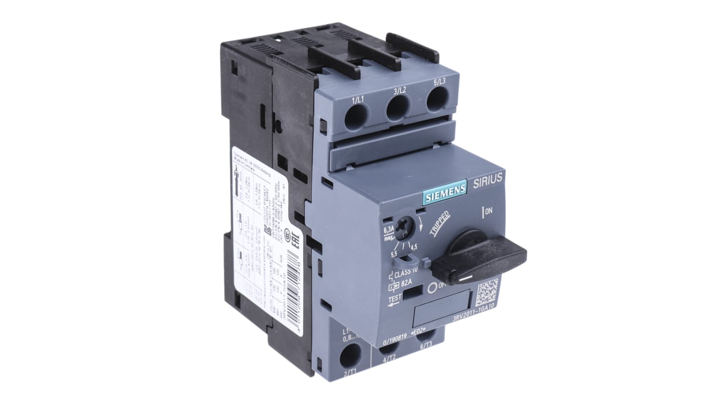 Interruttore automatico protezione motore Siemens 3RV2011-1GA10, 6,3A - Serie Sirius Innovation 3RV2. Protezione da sovraccarichi e cortocircuiti per motori industriali.