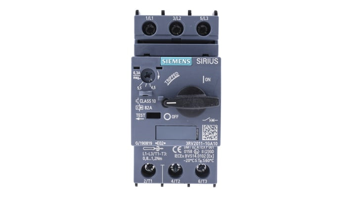 Interruttore automatico protezione motore Siemens 3RV2011-1GA10, 6,3A - Serie Sirius Innovation 3RV2. Protezione da sovraccarichi e cortocircuiti per motori industriali.