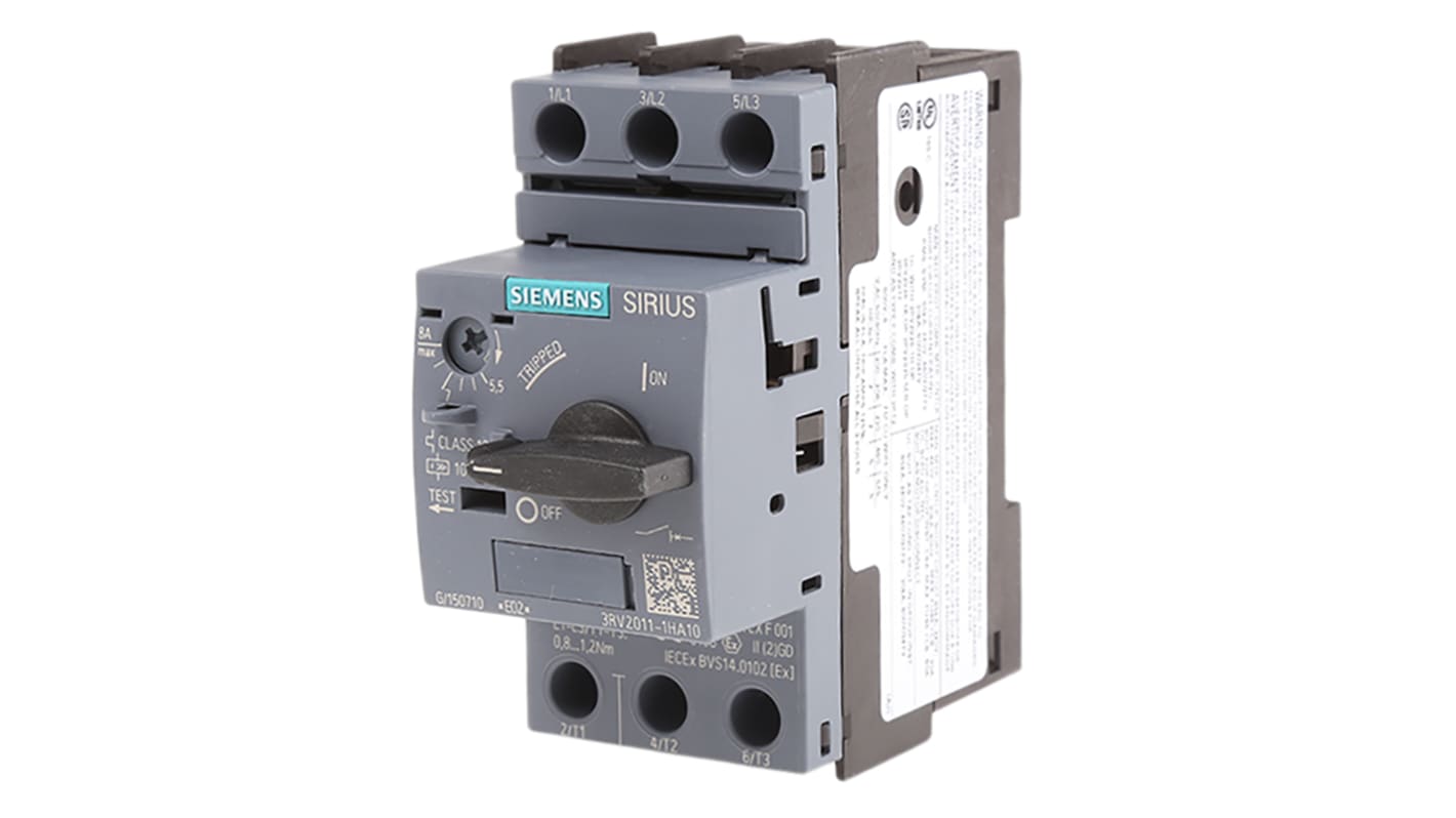 Interruttore automatico di protezione motore Siemens 3RV2011-1HA10 - 690V, 5,5-8A, Serie SIRIUS Innovation. Montaggio su guida DIN, resistente a sovraccarichi e cortocircuiti. Ideale per ambienti difficili.