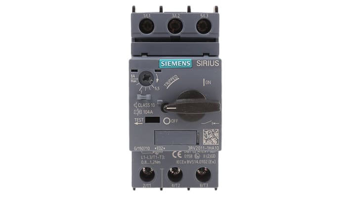 Interruttore automatico di protezione motore Siemens 3RV2011-1HA10 - 690V, 5,5-8A, Serie SIRIUS Innovation. Montaggio su guida DIN, resistente a sovraccarichi e cortocircuiti. Ideale per ambienti difficili.
