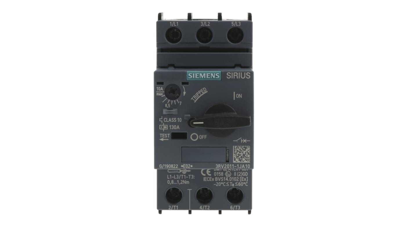 Interruttore automatico protezione motore Siemens 3RV2011-1JA10 trifase 690V 7-10A. Resistenza sovratensioni, ideale per ambienti industriali.
