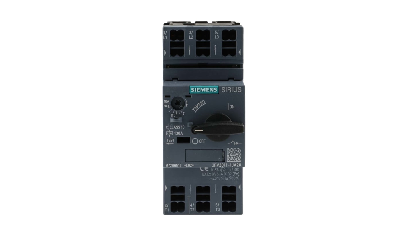 Interruttore automatico motore Siemens 3RV2011-1JA20, 10A SIRIUS. Protezione motore classe 10, resistenza impulso 6 kV, tensione isolamento 690V. Certificato CE/UL/CSA.