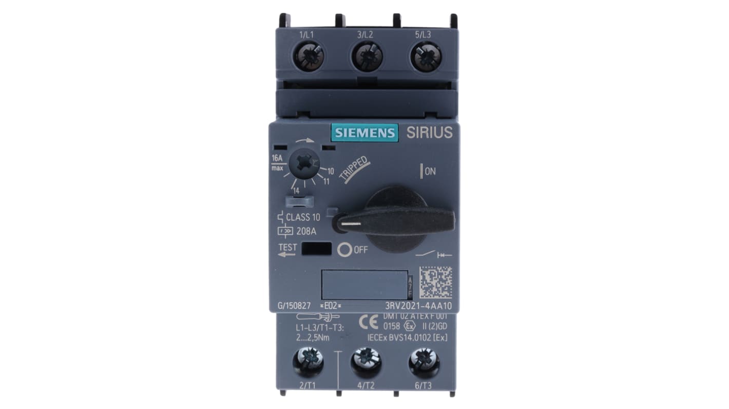 Interruttore automatico Siemens 3RV2021-4AA10 per motori, 10-16A, 690V - Serie SIRIUS. Protezione affidabile e compattezza per sistemi modulari.