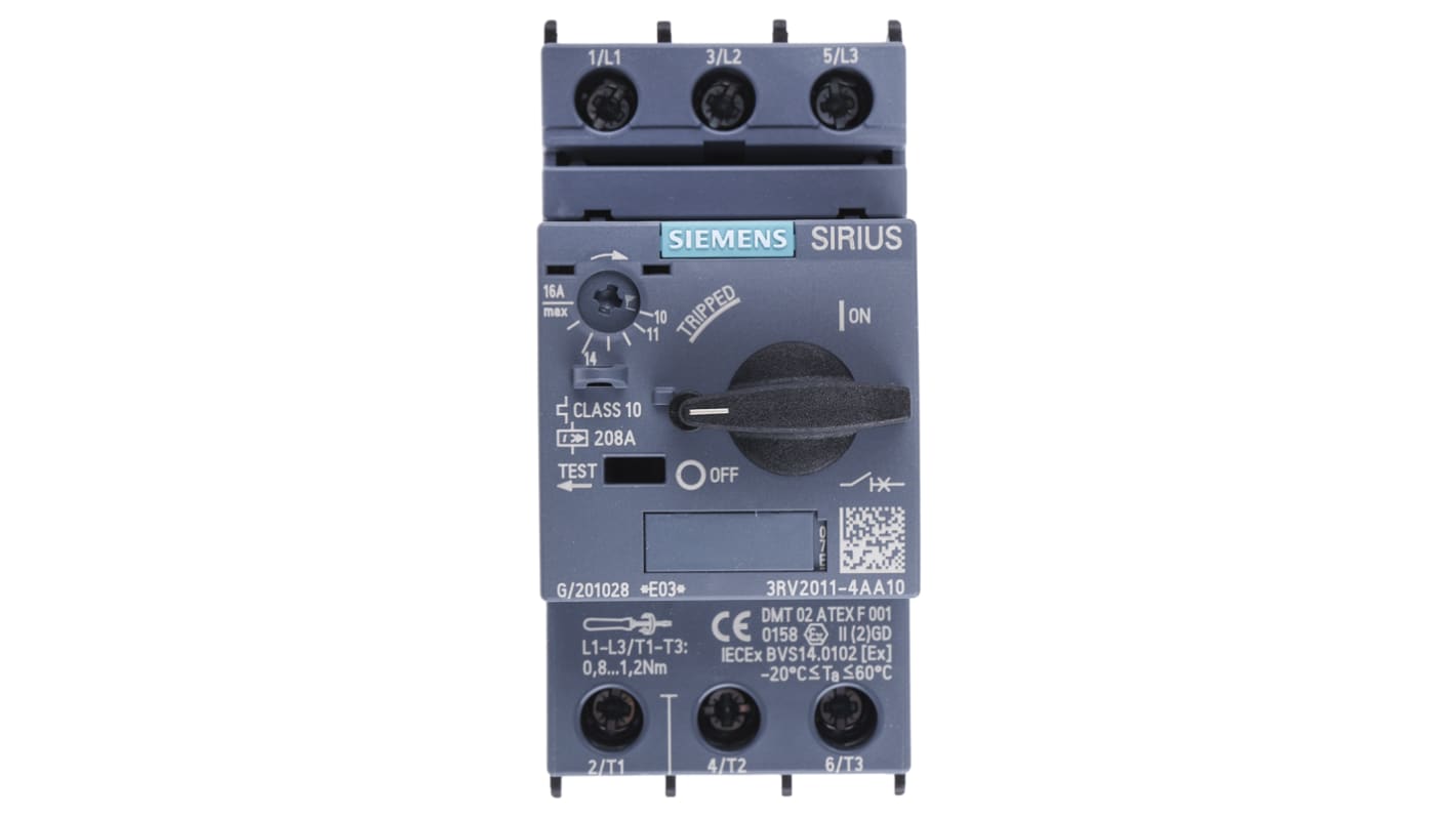 Interruttore automatico motore Siemens 3RV2011-4AA10, 11-16A, protezione trifase, attivazione classe 10, design compatto.