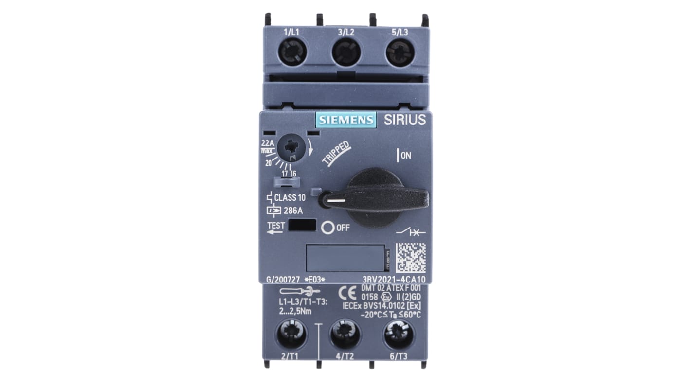Interruttore automatico protezione motore Siemens 3RV2021-4CA10, 690V 22A - Serie SIRIUS. Resistente, facile da installare, ideale per sistemi HVAC.