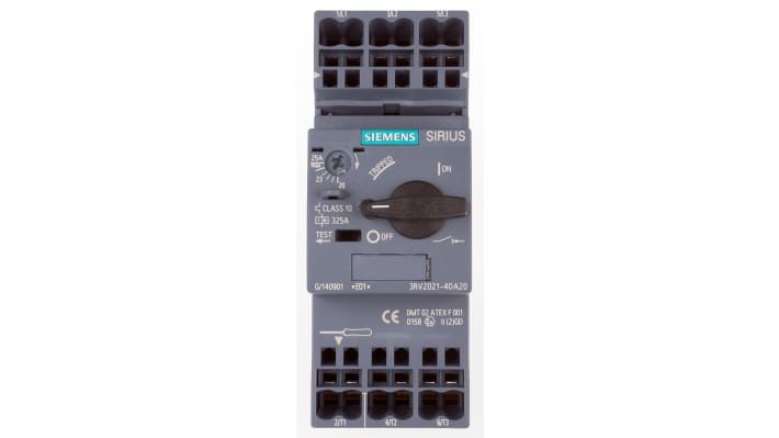 Interruttore automatico del motore Siemens 3RV2021-4DA20, 25 A SIRIUS. Classe 10, tensione isolamento 690 V. Approvato CE/UL/CSA.
