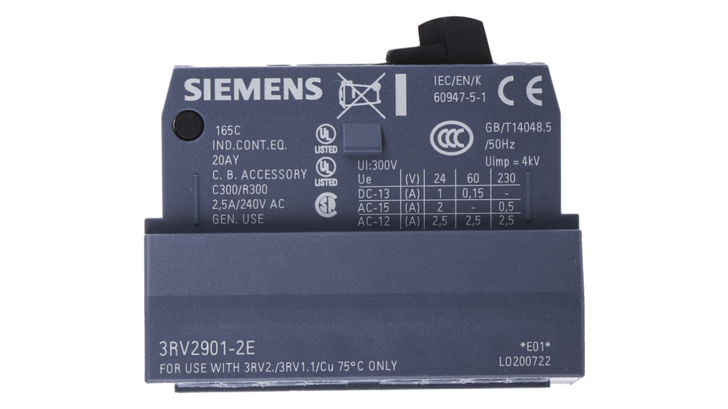 Contatto ausiliario Siemens 3RV2901-2E, 2 contatti N/C + N/A, montaggio a innesto. Ideale per accessori interruttori di protezione.