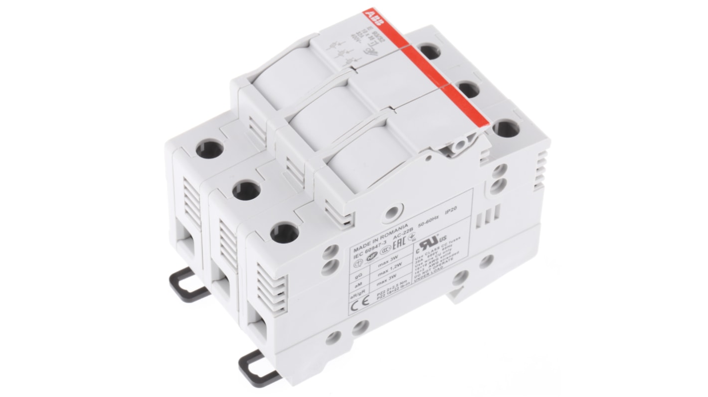 Sezionatore portafusibili ABB E 93/32, 3 poli, 32 A, montaggio su guida DIN, dimensioni 85 x 53 x 64 mm, grado di protezione IP20.