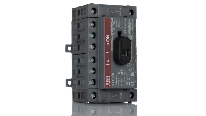 Interruttore di isolamento ABB OT40F8, 8 poli, 40A, 400V, montaggio su base, dimensioni 96x68x68mm, grado di protezione IP20.
