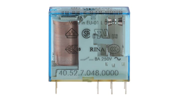 Finder 40.52.7.048.0000, relè DPDT 48V cc per montaggio su PCB, corrente 8A, dimensioni 29x25x12.4mm.