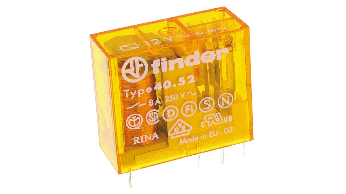 Finder 40.52.8.012.0000, relè DPDT per montaggio su PCB, tensione 12V, corrente 8A, dimensioni 29x25x12.4mm.