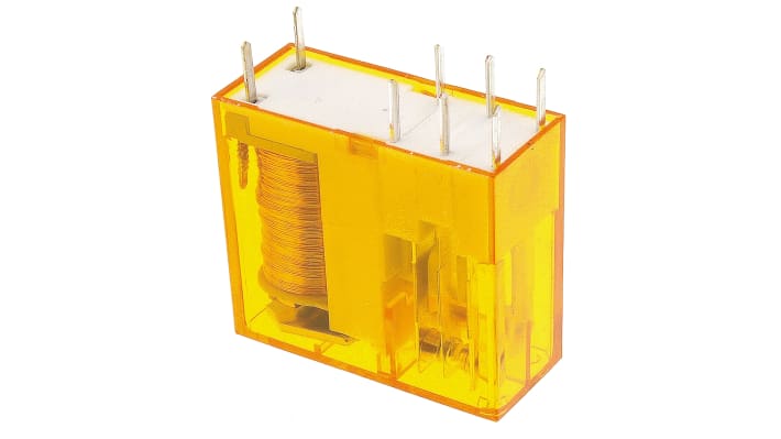 Finder 40.52.8.012.0000, relè DPDT per montaggio su PCB, tensione 12V, corrente 8A, dimensioni 29x25x12.4mm.