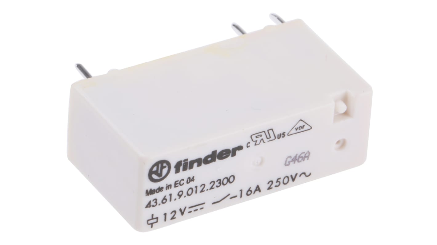 Relè di potenza Finder 43.61.9.012.2300, SPST, 12V cc, montaggio su PCB, dimensioni 15,4 x 10,2 x 30,2 mm, corrente 16A.