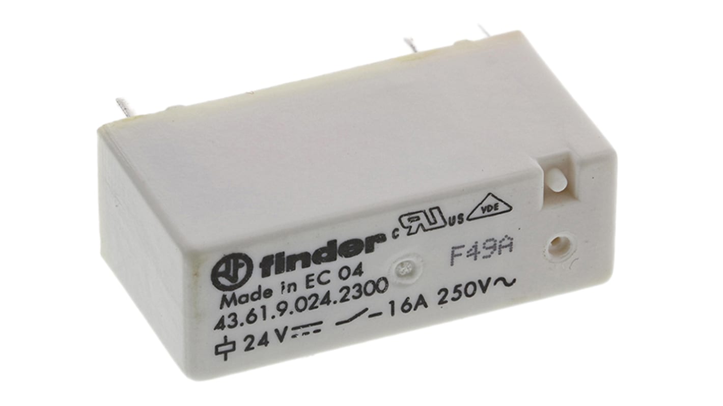 Relè di potenza Finder 43.61.9.024.2300, SPST, 24V cc, montaggio su PCB, dimensioni 15,4 x 10,2 x 30,2 mm, corrente 16 A.