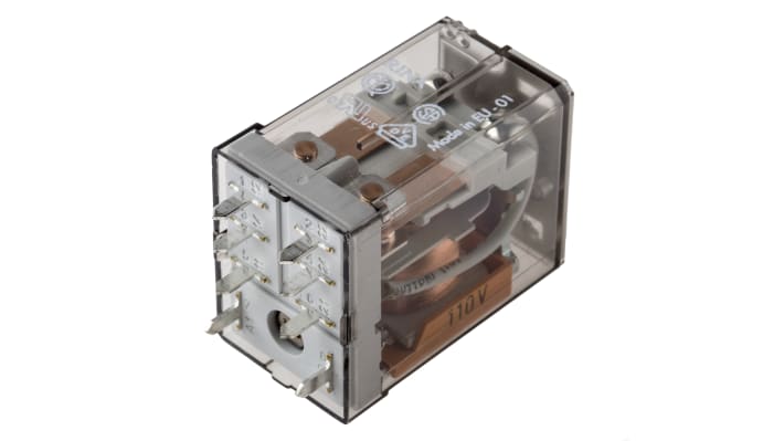 Finder 56.42.8.110.0000, relè DPDT per montaggio su PCB, tensione 250 V, corrente 12 A, dimensioni 41,1 x 20,7 x 27,7 mm.