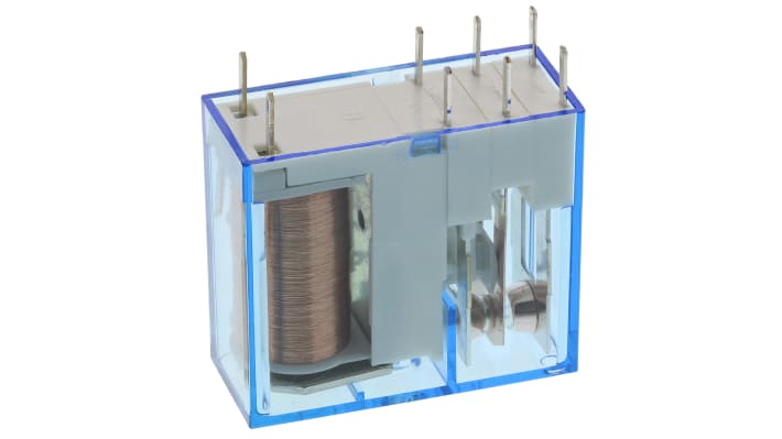 Finder 40.61.7.048.0000, relè di potenza SPDT 48V cc, montaggio su PCB, dimensioni 25x29x12,4 mm, corrente 16A.