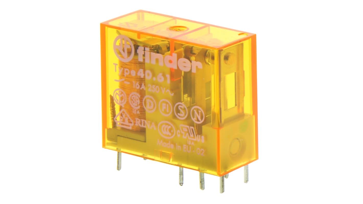 Finder 40.61.8.012.0000, relè di potenza SPDT 12V ca, montaggio su PCB, dimensioni 25x29x12,4 mm, corrente 16A, isolamento 6 kV.