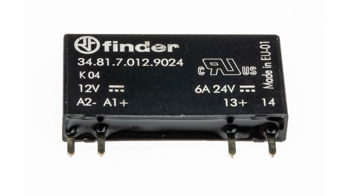 Finder 34.81.7.012.9024, relè a stato solido ultrasottile per montaggio su PCB, 2 A, 24 V c.c., dimensioni 28 x 15 x 5 mm.
