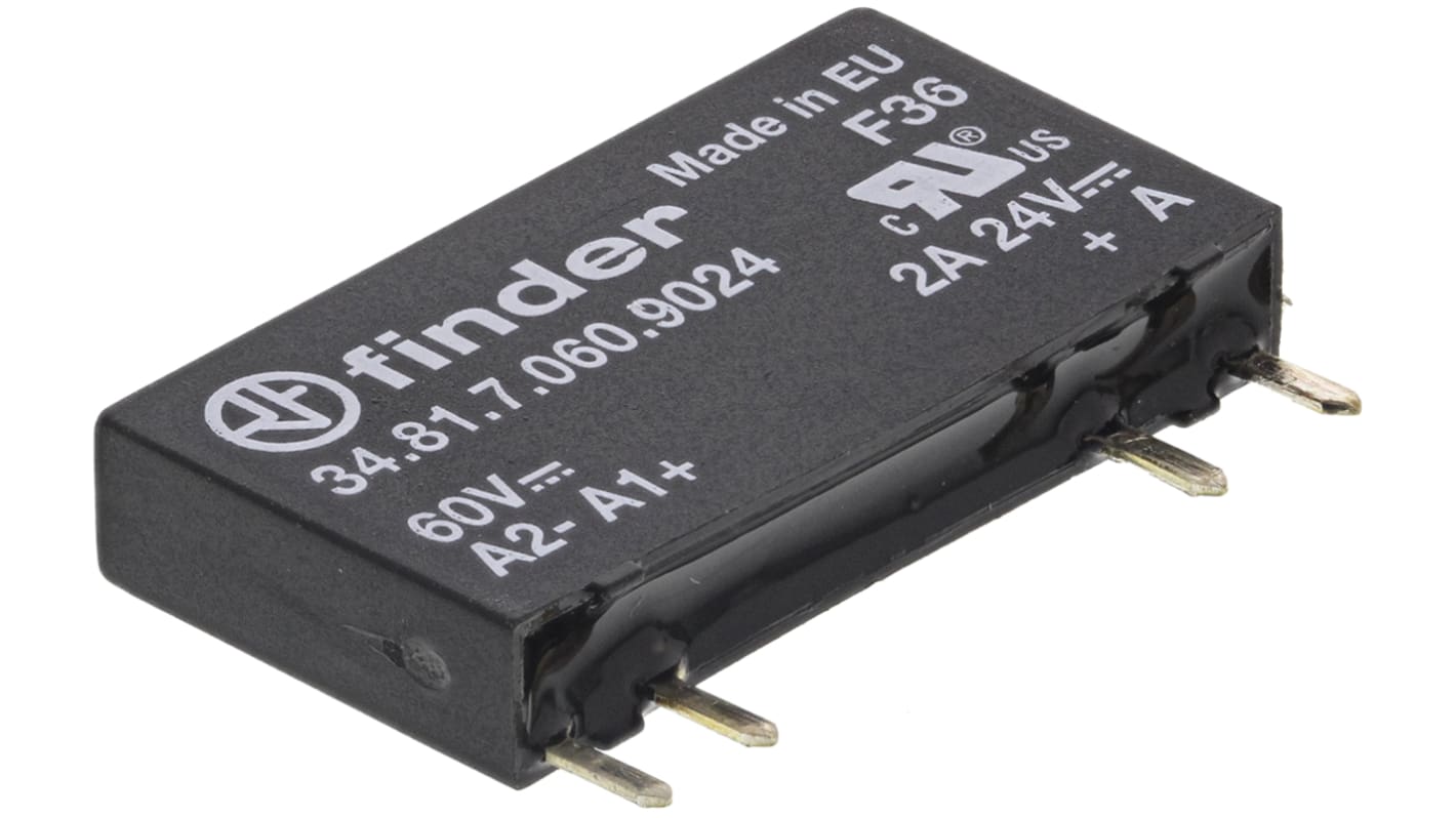 Finder 34.81.7.060.9024, relè a stato solido ultrasottile per montaggio su PCB, 6 A, 24 V c.c., dimensioni 28 x 15 x 5 mm.