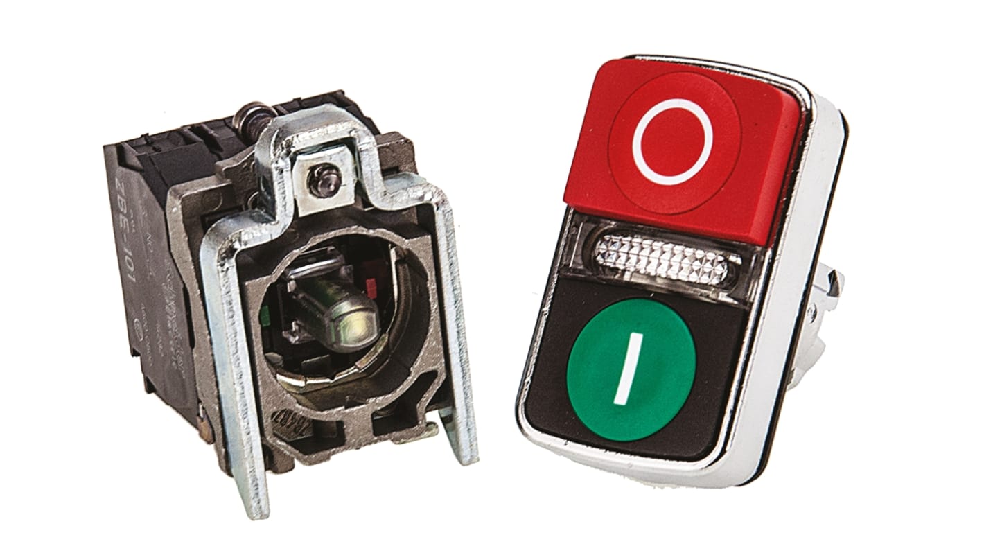 Pulsante illuminato Schneider Electric XB4BW73731B5, SPDT, montaggio a pannello, IP66/IP69K, diametro 22mm, colori verde e rosso.