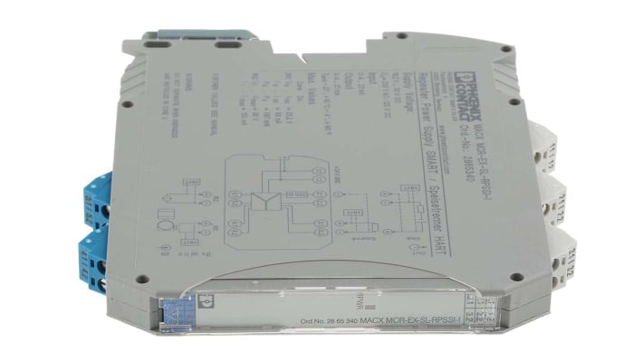 Phoenix Contact, amplificatore di isolamento 1 canale, tensione 19.2-30V cc, montaggio su guida DIN, dimensioni 12.5x112.5x113.7 mm.