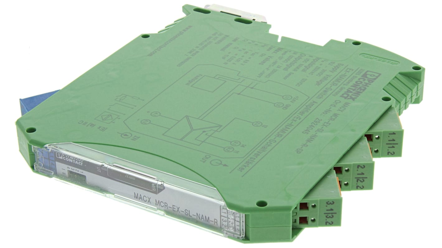 Phoenix Contact, barriera galvanica MACX MCR-EX-SL-NAM, amplificatore di isolamento Ex i NAMUR, 1 canale, SIL 2, certificazione ATEX.