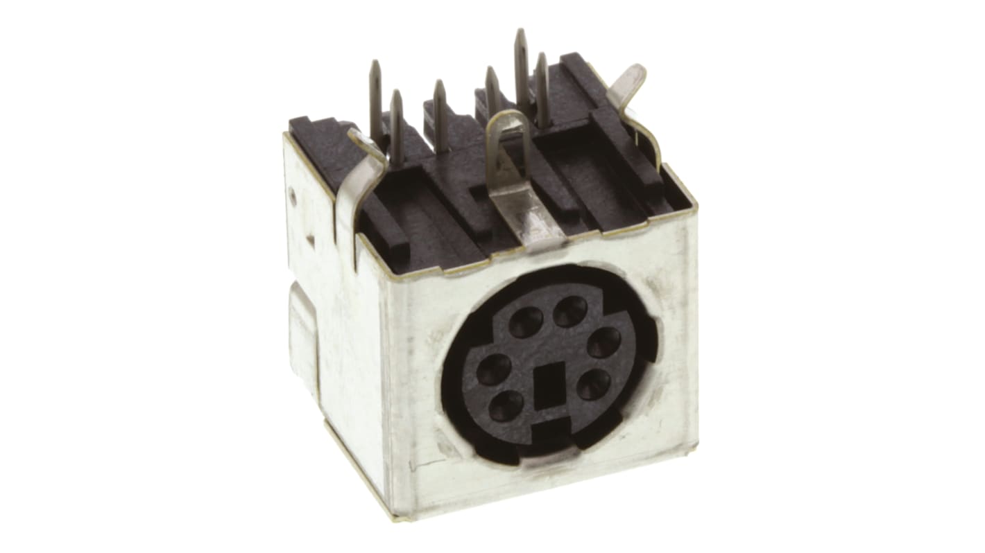 Connettore DIN femmina 6 poli TE Connectivity, corrente 1A, tensione 30 V c.a., montaggio a foro passante, orientamento angolo destro.